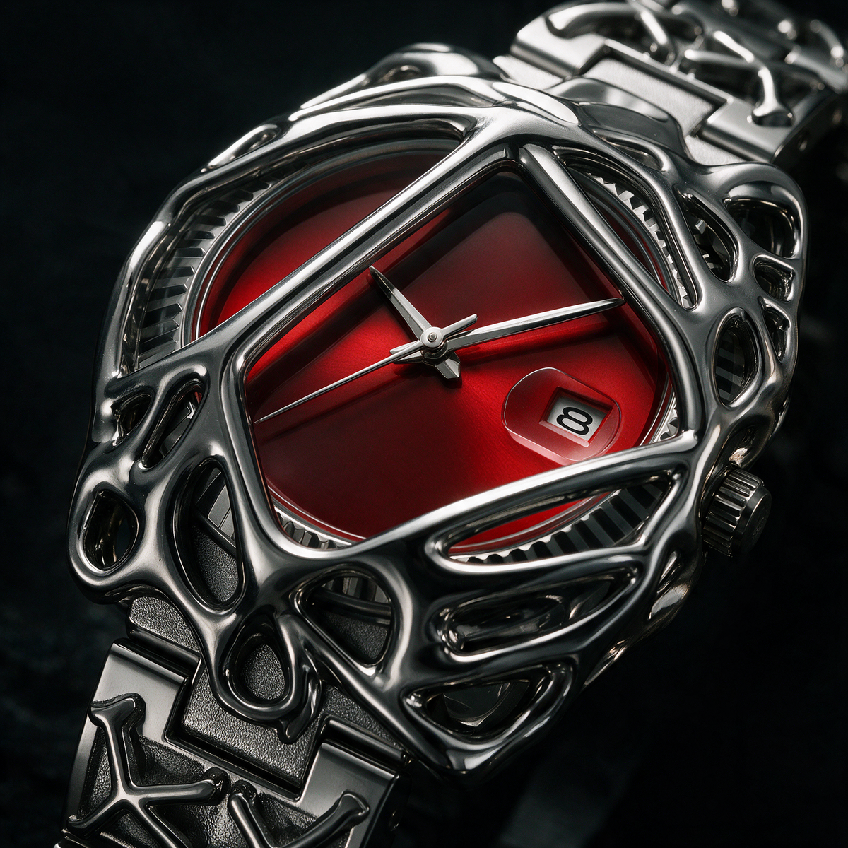 A close-up of a highly decorative wristwatch with a polished silver-tone metal case and integrated bracelet, featuring a deep red dial and a date window.